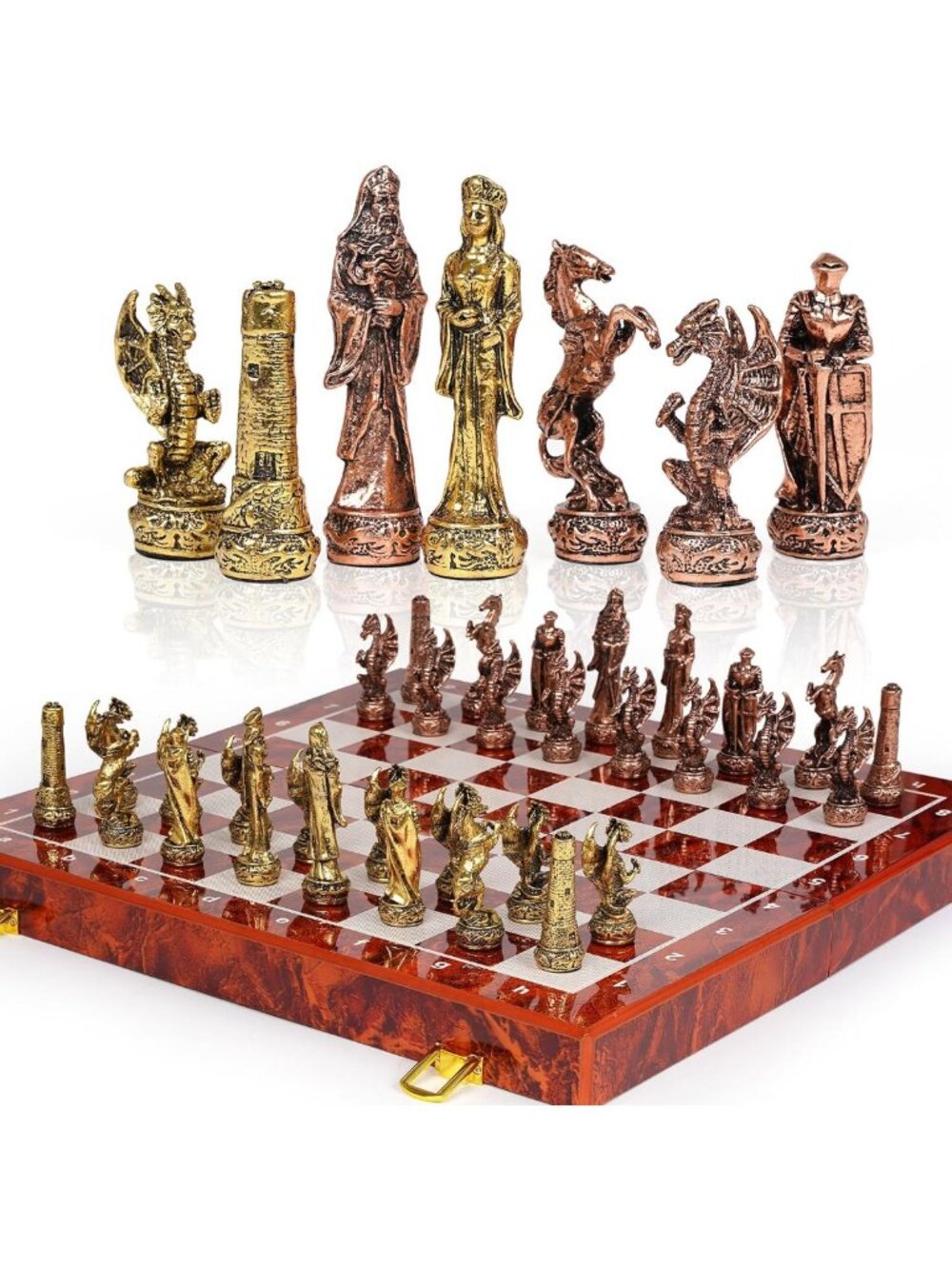 Vintage Metal Chess Set - 15'' Wooden Board & Pieces - Travel Game for Adults
